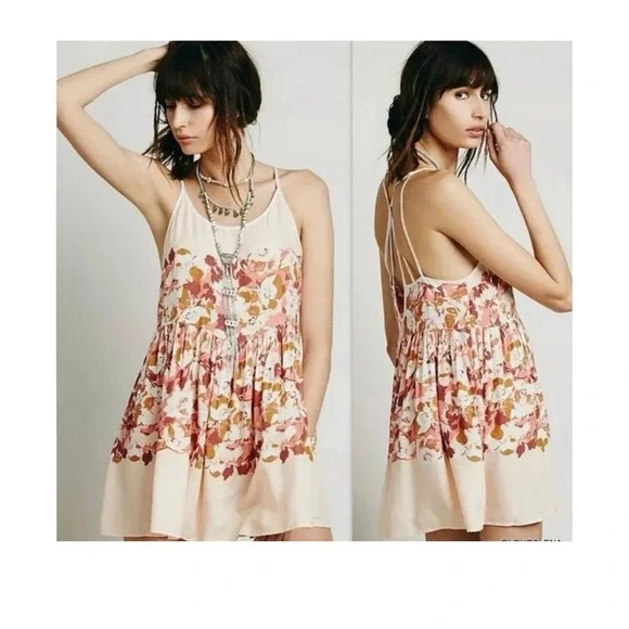 Free People Intimately Floral Print Slip Dress Cream Pink Mini Spaghetti Strap - Picture 1 of 8